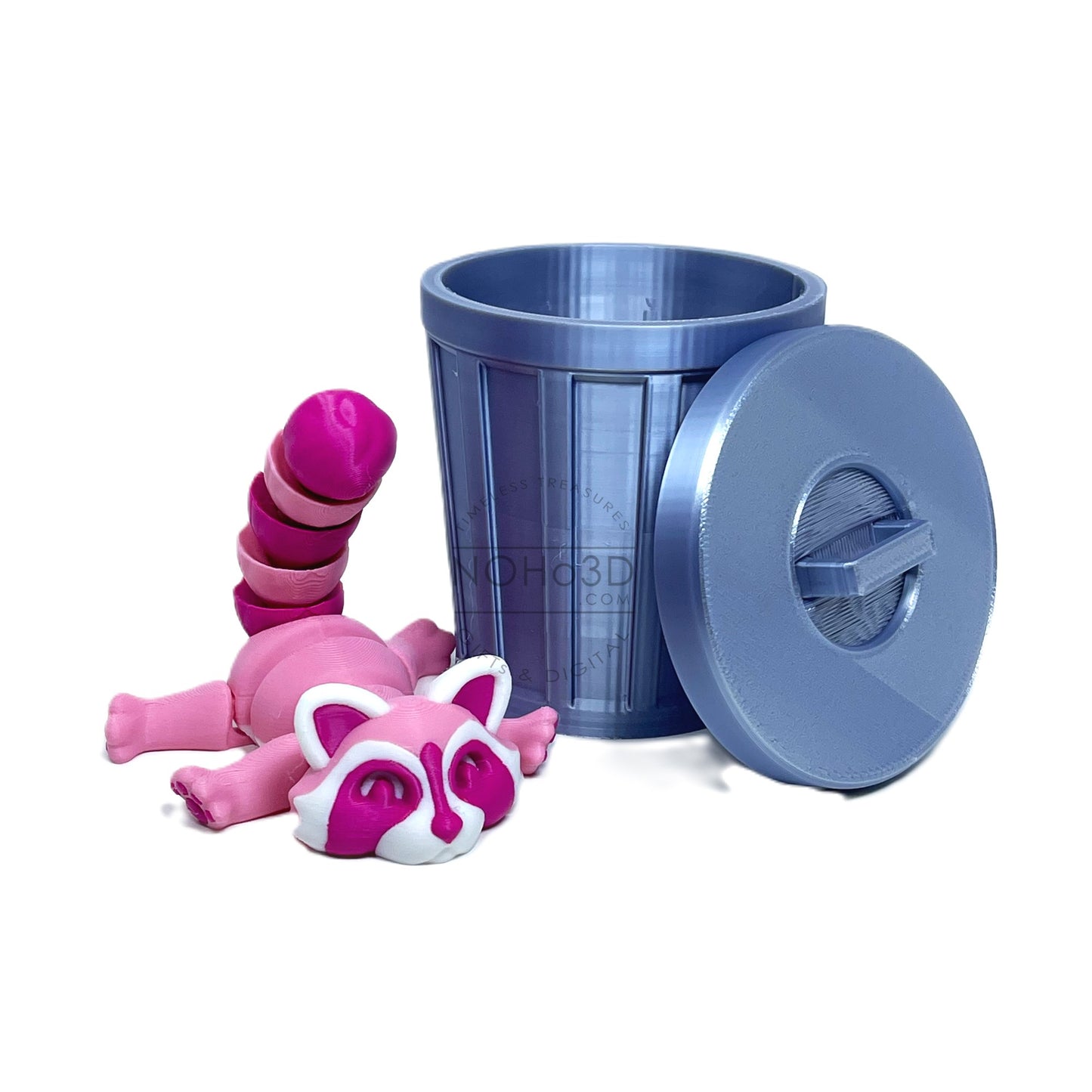 3D Printed Racoon with Trashcan, Articulated Raspberry Trash Panda racoons, Tiny Animal Figures, Fidget ADHD Autism Toy AR006