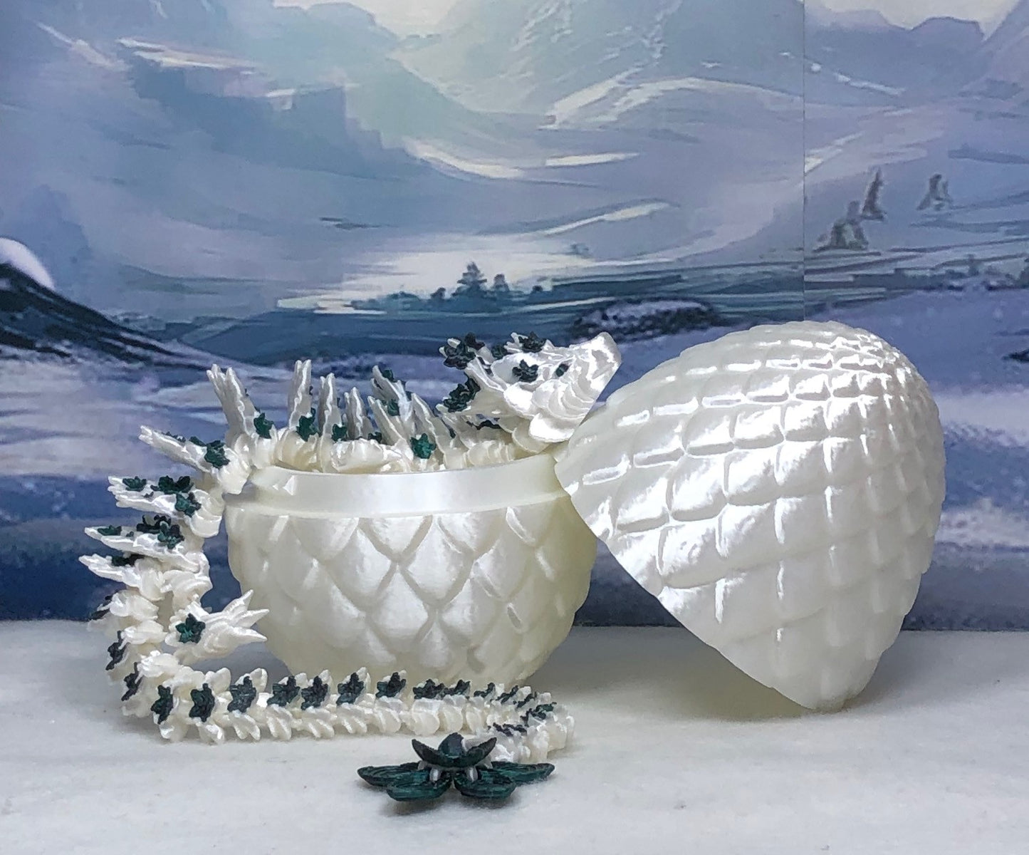 3D Printed Dragon with Egg, Articulated White and Green Cherry Blossom  Dragon, Fidget ADHD Dragon Toy - D017-BEG