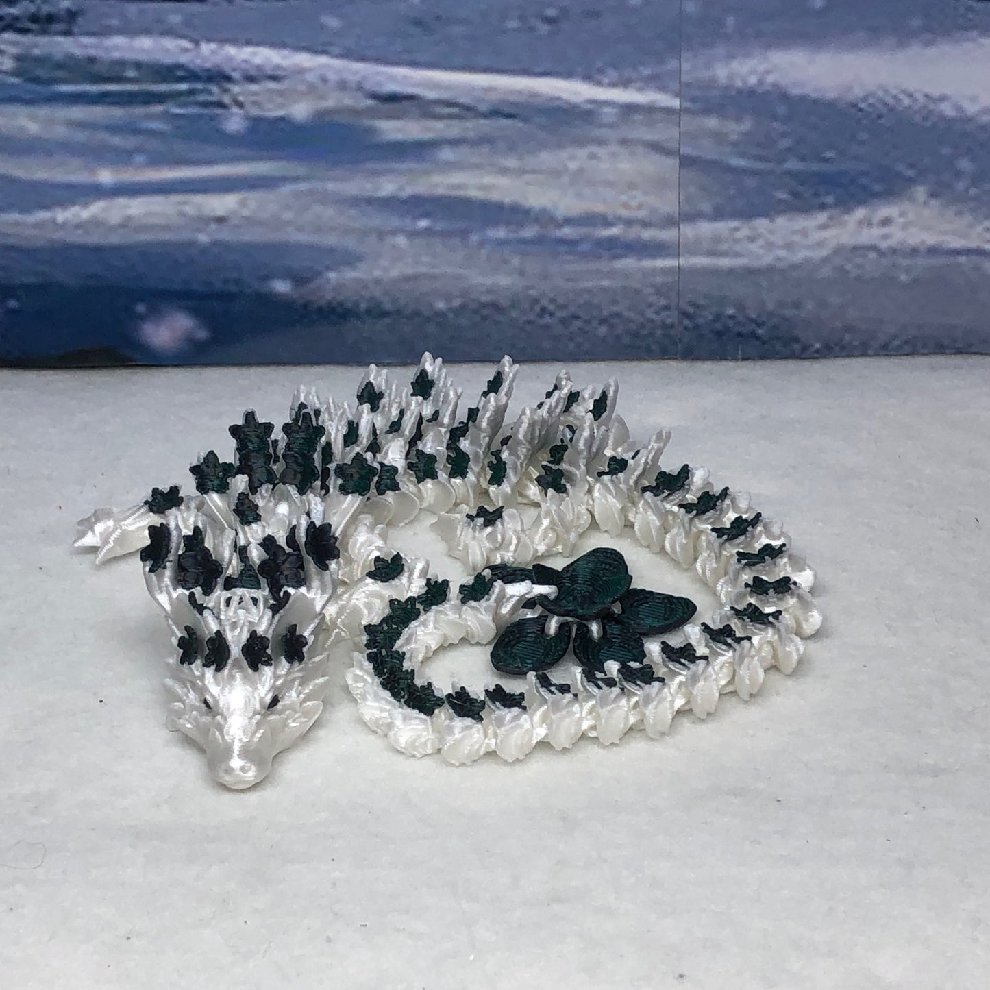 3D Printed Dragon with Egg, Articulated White and Green Cherry Blossom  Dragon, Fidget ADHD Dragon Toy - D017-BEG