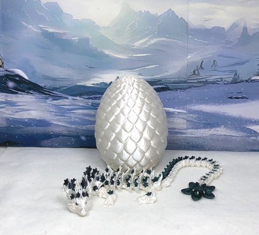 3D Printed Dragon with Egg, Articulated White and Green Cherry Blossom  Dragon, Fidget ADHD Dragon Toy - D017-BEG