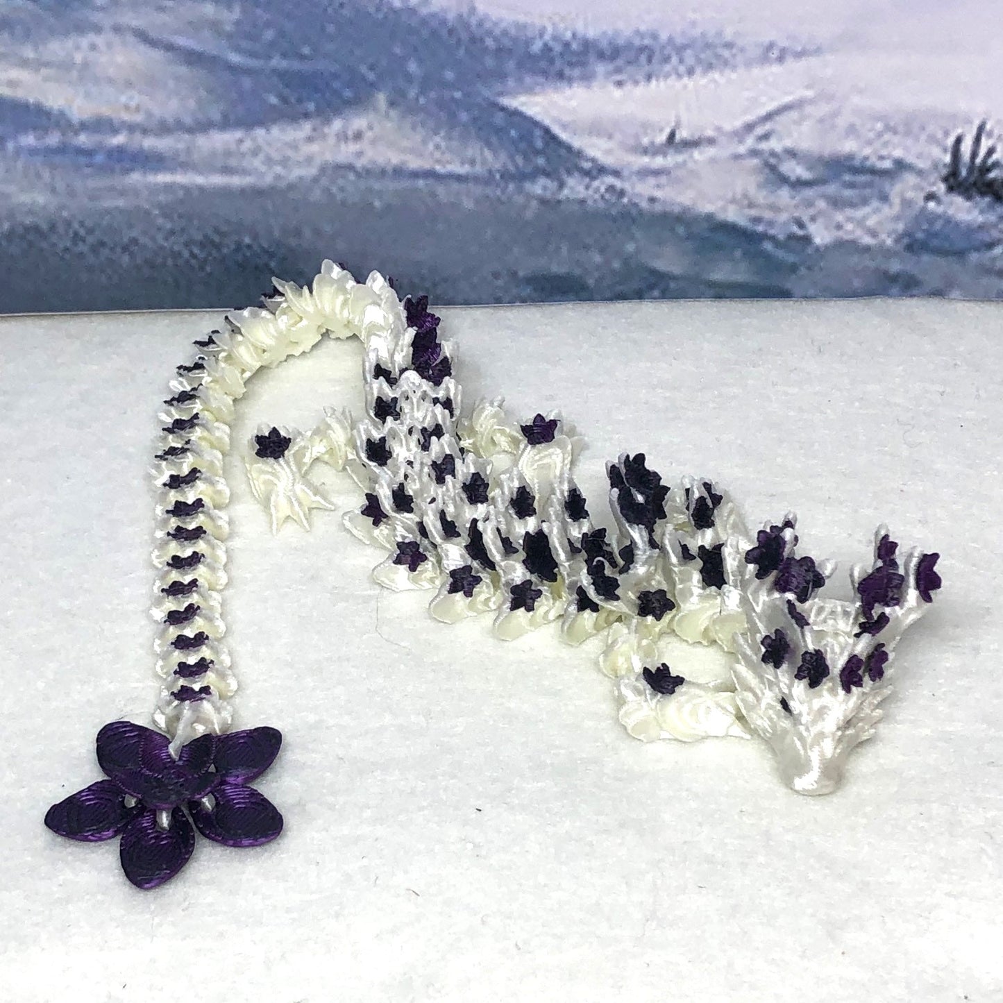 3D Printed Dragon with Egg, Articulated White and Purple Cherry Blossom  Dragon, Fidget ADHD Dragon Toy - D017-BPU
