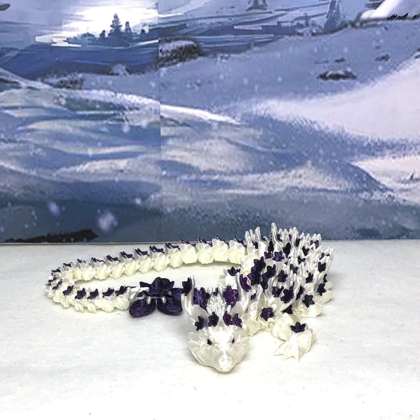 3D Printed Dragon with Egg, Articulated White and Purple Cherry Blossom  Dragon, Fidget ADHD Dragon Toy - D017-BPU