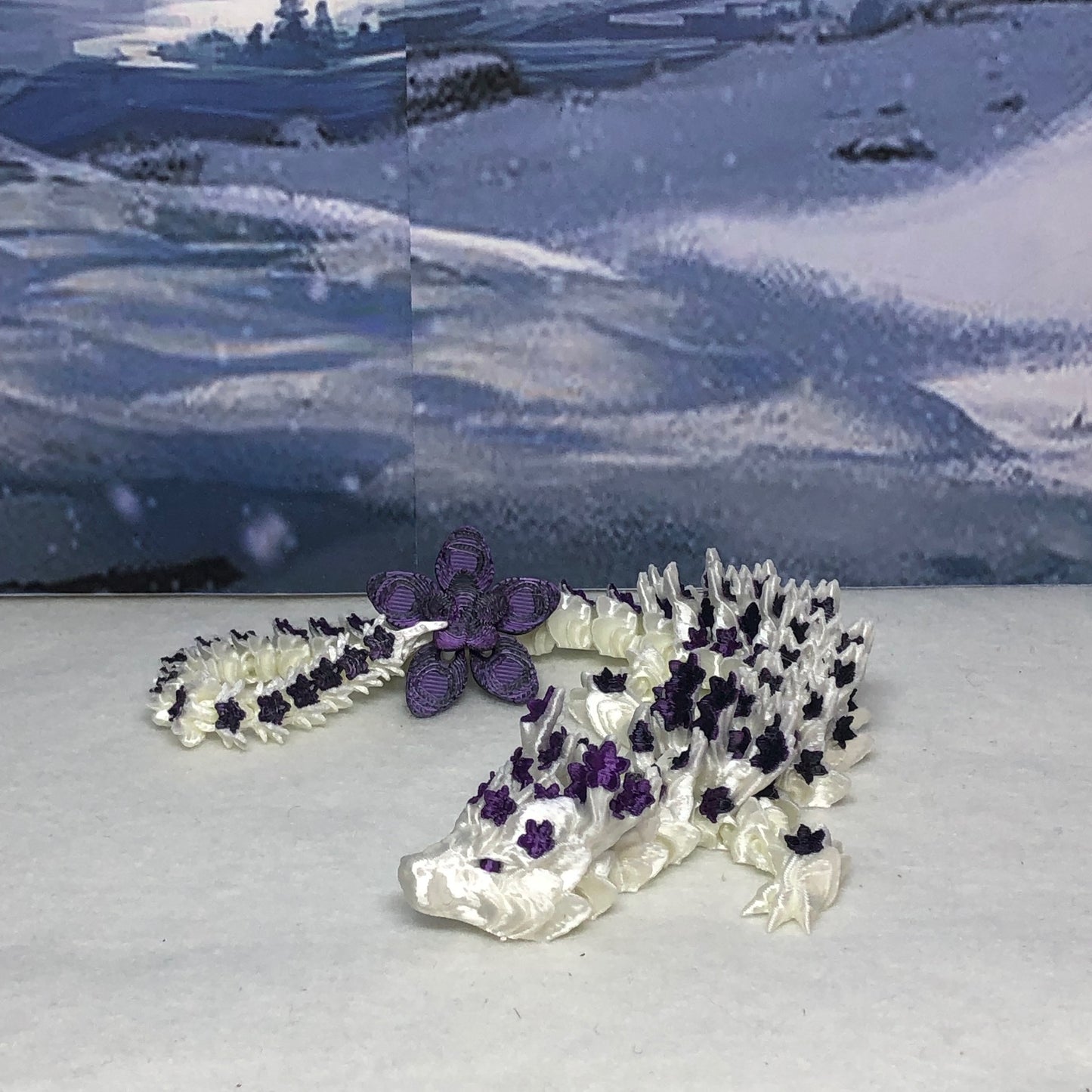 3D Printed Dragon with Egg, Articulated White and Purple Cherry Blossom  Dragon, Fidget ADHD Dragon Toy - D017-BPU