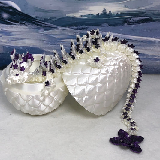 3D Printed Dragon with Egg, Articulated White and Purple Cherry Blossom  Dragon, Fidget ADHD Dragon Toy - D017-BPU