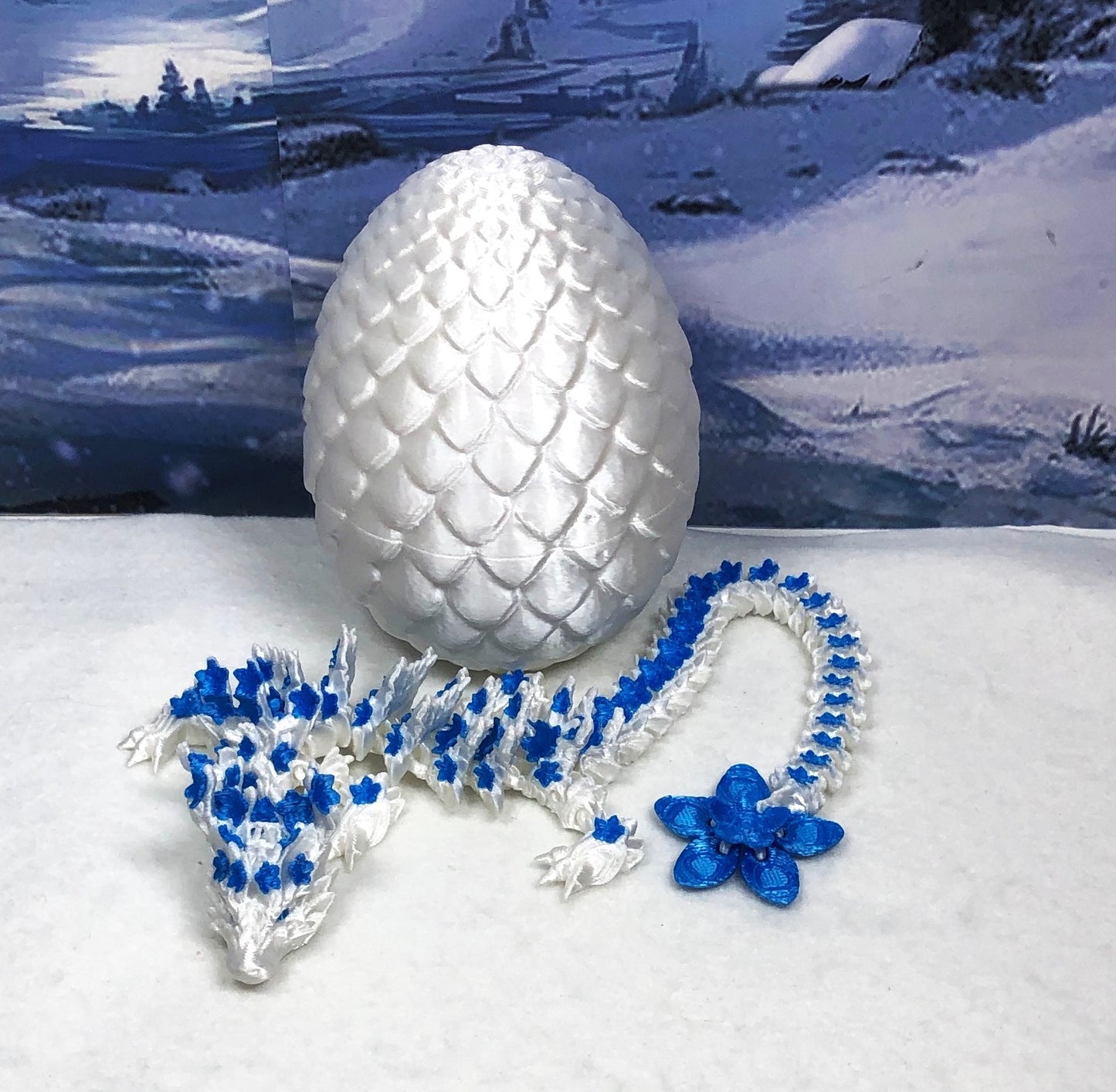 3D Printed Dragon with Egg, Articulated White and Blue Cherry Blossom  Dragon, Fidget ADHD Dragon Toy - D017-WB