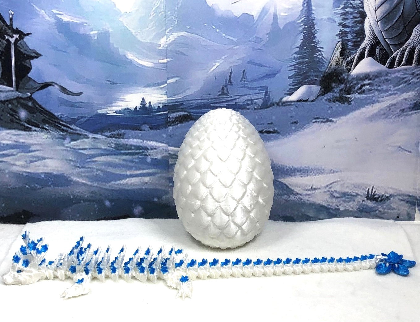 3D Printed Dragon with Egg, Articulated White and Blue Cherry Blossom  Dragon, Fidget ADHD Dragon Toy - D017-WB