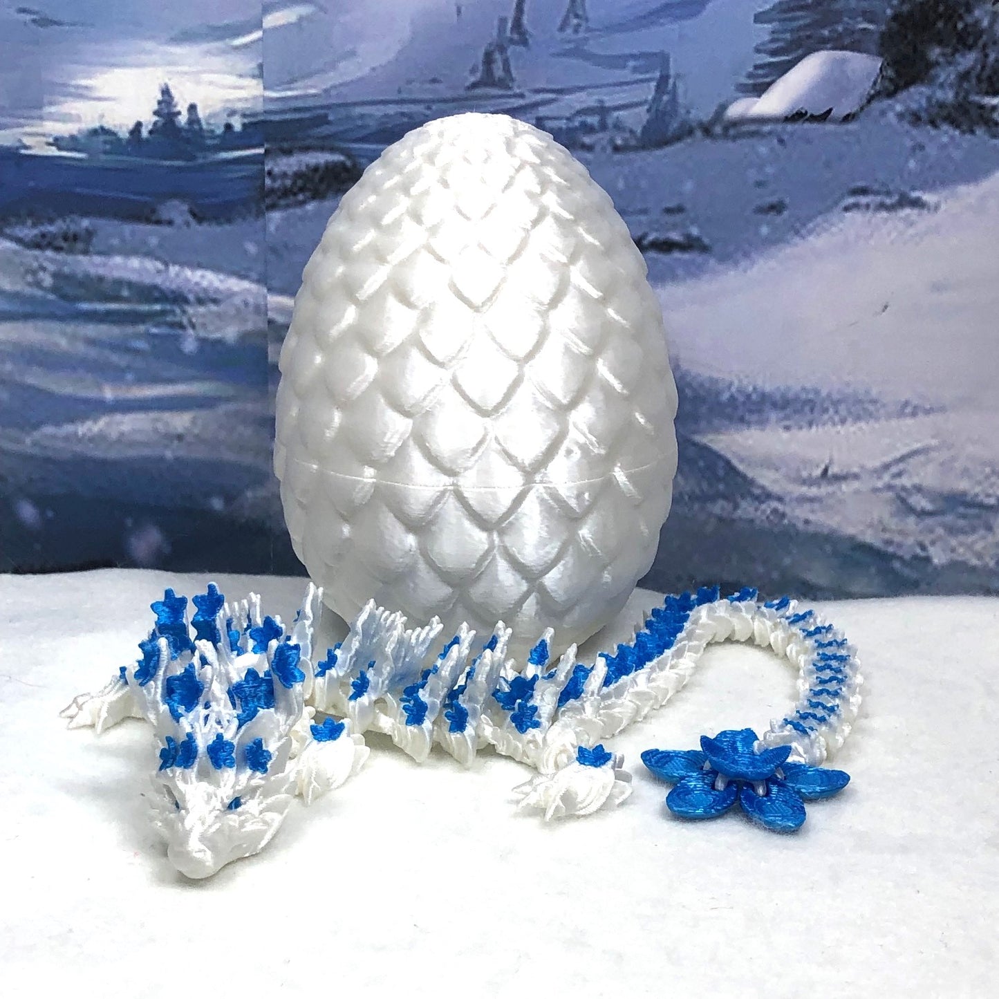 3D Printed Dragon with Egg, Articulated White and Blue Cherry Blossom  Dragon, Fidget ADHD Dragon Toy - D017-WB