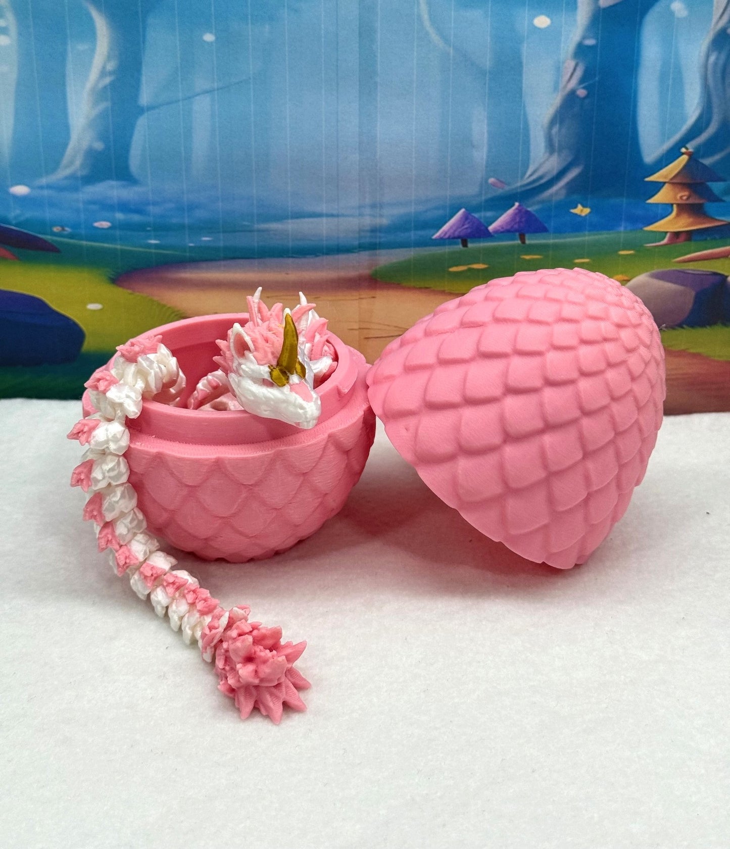 3D Printed Dragon with Egg, Articulated White and Pink Unicorn Dragon, Fidget ADHD Dragon Toy - D051-PE