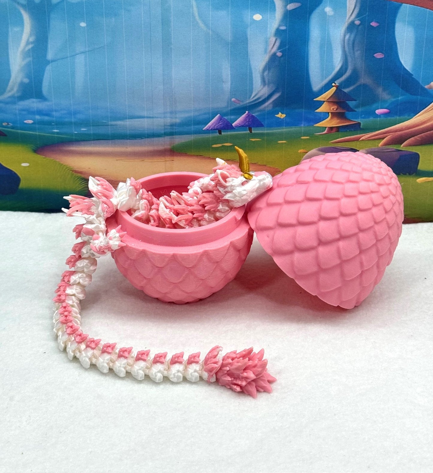 3D Printed Dragon with Egg, Articulated White and Pink Unicorn Dragon, Fidget ADHD Dragon Toy - D051-PE