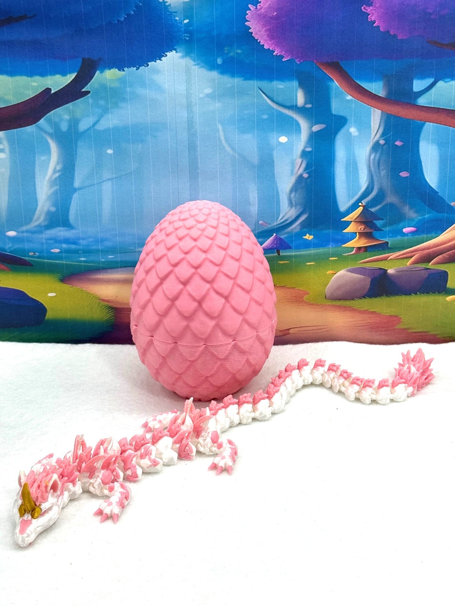 3D Printed Dragon with Egg, Articulated White and Pink Unicorn Dragon, Fidget ADHD Dragon Toy - D051-PE