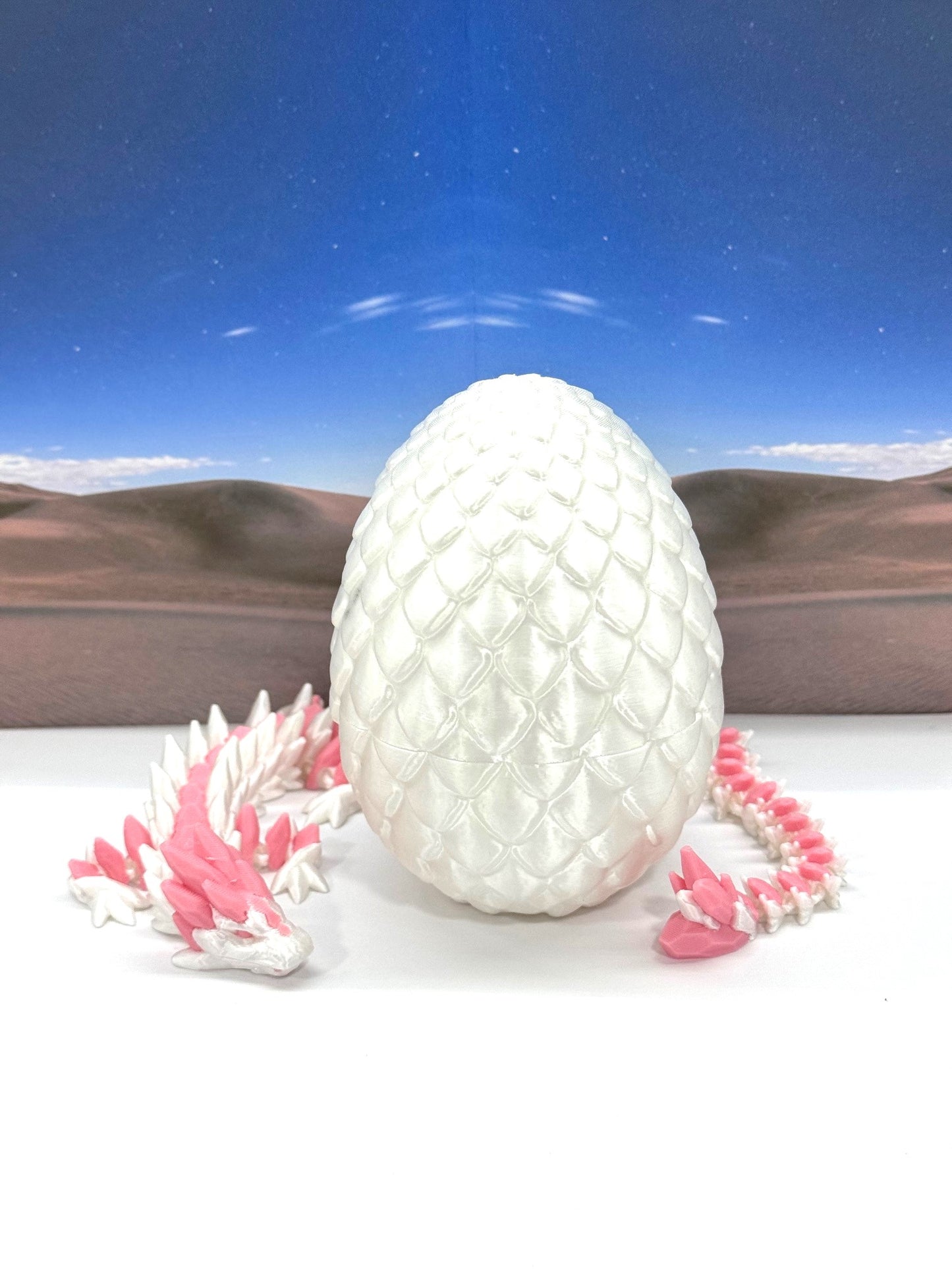 3D Printed Dragon with Egg, Articulated White and Pink Gemstone Dragon, Fidget ADHD Dragon Toy - D063WP