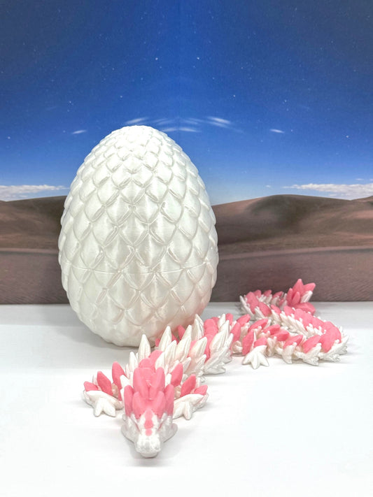 3D Printed Dragon with Egg, Articulated White and Pink Gemstone Dragon, Fidget ADHD Dragon Toy - D063WP