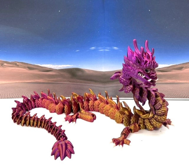 3D Printed Dragon, Articulated Imperial Dragon, 13" Red Purple Gold Dragon, Fidget ADHD Autism Toy, Executive Desk Toy - ID001-RPG