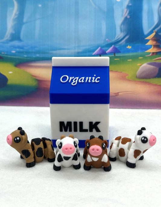 5pcs Mini Cows with Milk Carton, 3D Printed Articulated Fidget Mini Cow Figures, Party Decorations MC001-4X