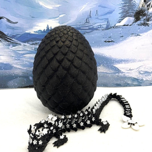 3D Printed Dragon with Egg, Articulated Black and White Cherry Blossom Dragon, Fidget ADHD Dragon Toy - D019