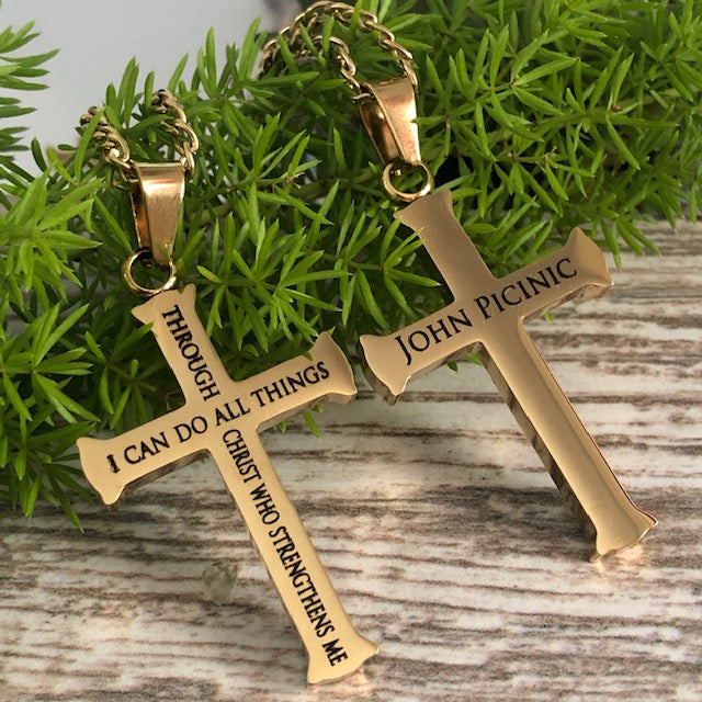 Philippians 4:13 Cross Necklace for Men Strength Bible Verse I CAN DO ALL THINGS Pendant Stainless Steel Chain Meaningful Jewelry Gift  SSN541-G
