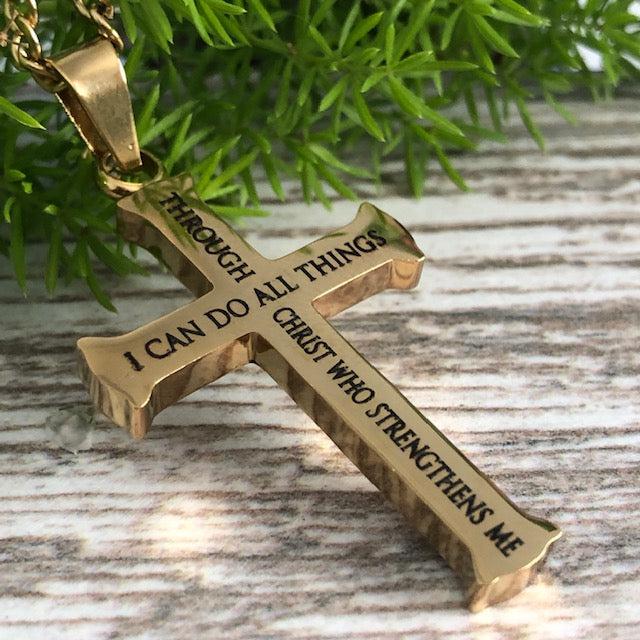 Philippians 4:13 Cross Necklace for Men Strength Bible Verse I CAN DO ALL THINGS Pendant Stainless Steel Chain Meaningful Jewelry Gift  SSN541-G