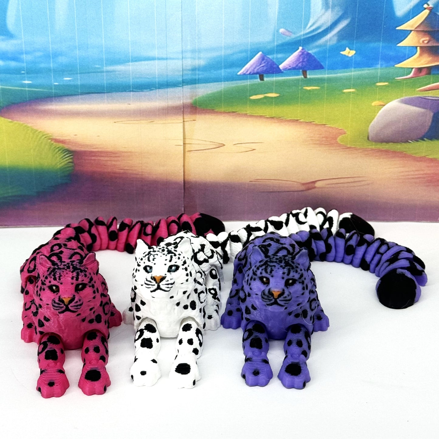 3pcs 3D Printed Snow Leopard, 6.5" Wild Animal Creature Toy, Articulated Fidget Animal for Home Office Executive Desk Decoration ASL001-3X