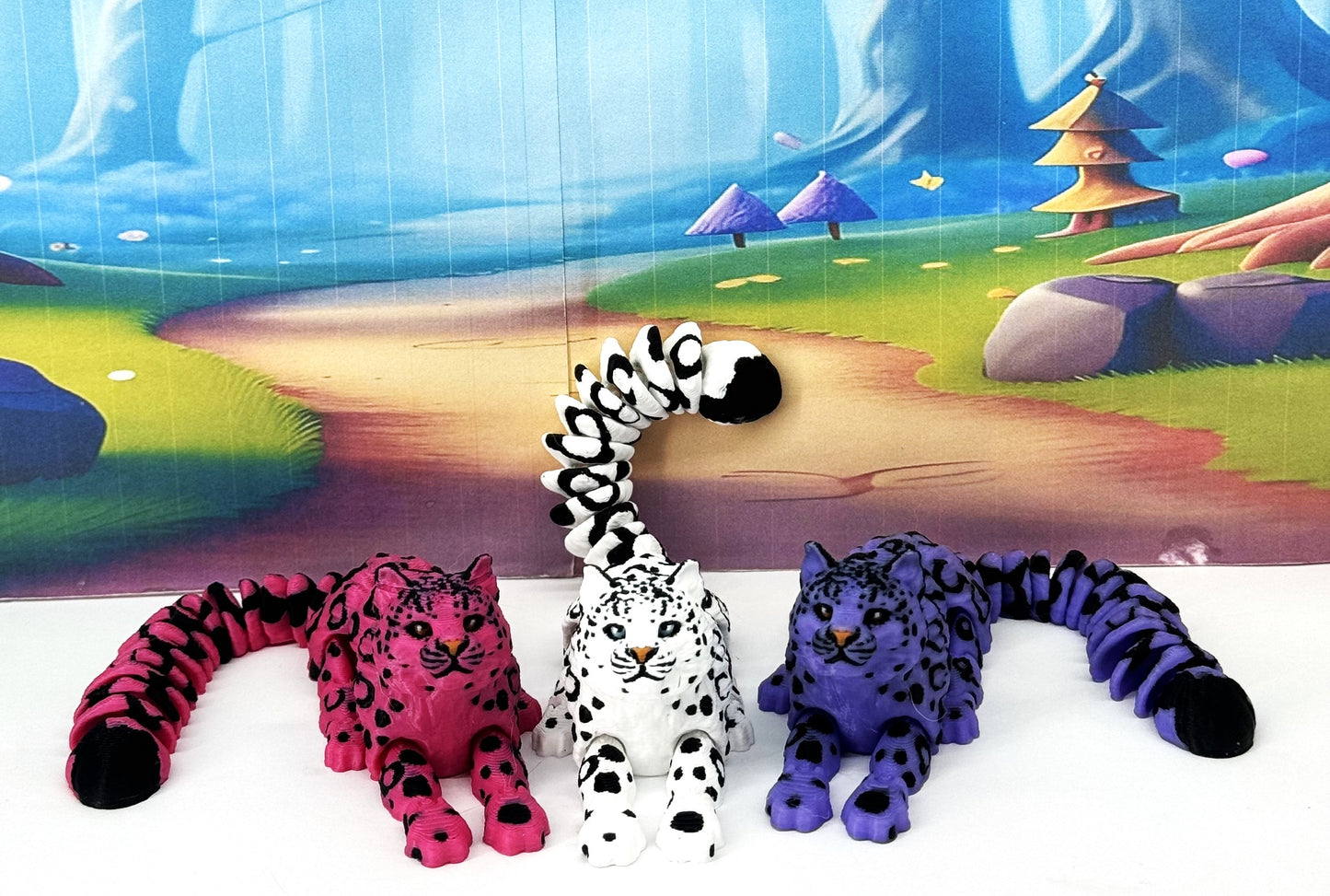 3pcs 3D Printed Snow Leopard, 6.5" Wild Animal Creature Toy, Articulated Fidget Animal for Home Office Executive Desk Decoration ASL001-3X