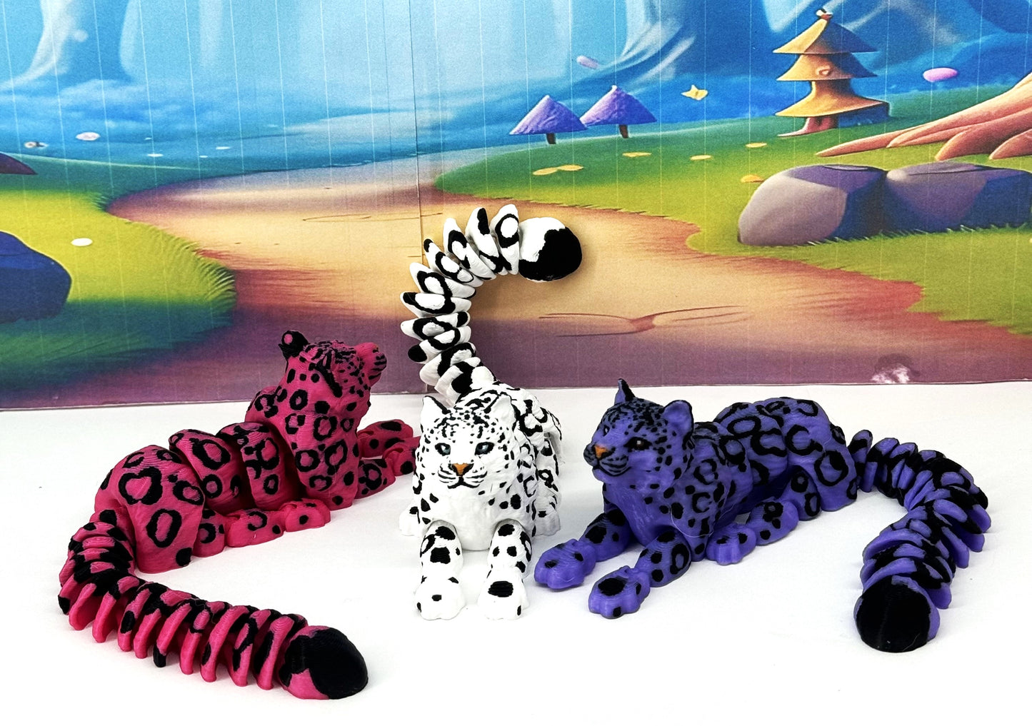 3pcs 3D Printed Snow Leopard, 6.5" Wild Animal Creature Toy, Articulated Fidget Animal for Home Office Executive Desk Decoration ASL001-3X