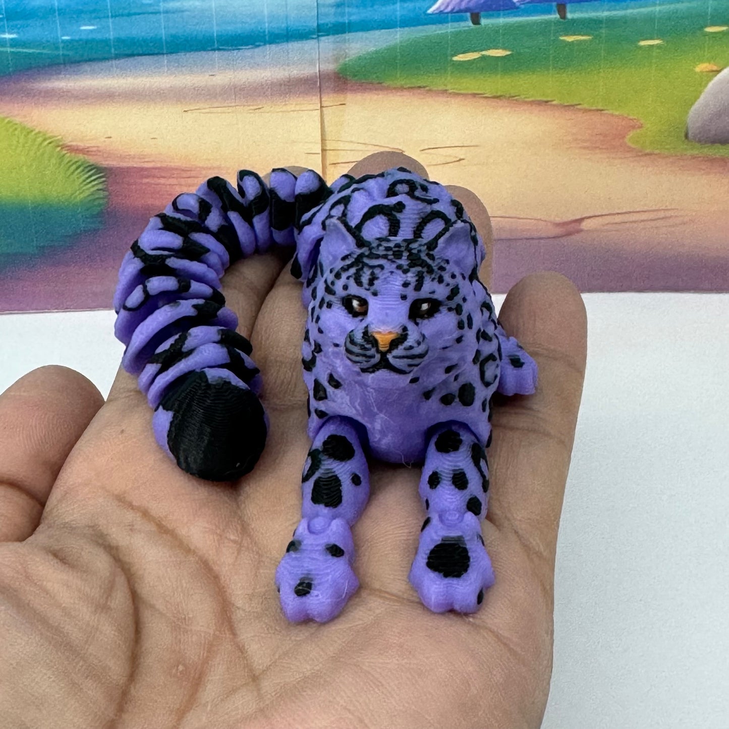 3D Printed Snow Leopard, 6.5" Wild Animal Creature Toy, Articulated Fidget Animal for Home Office Executive Desk Decoration AT001-PURPLE-S