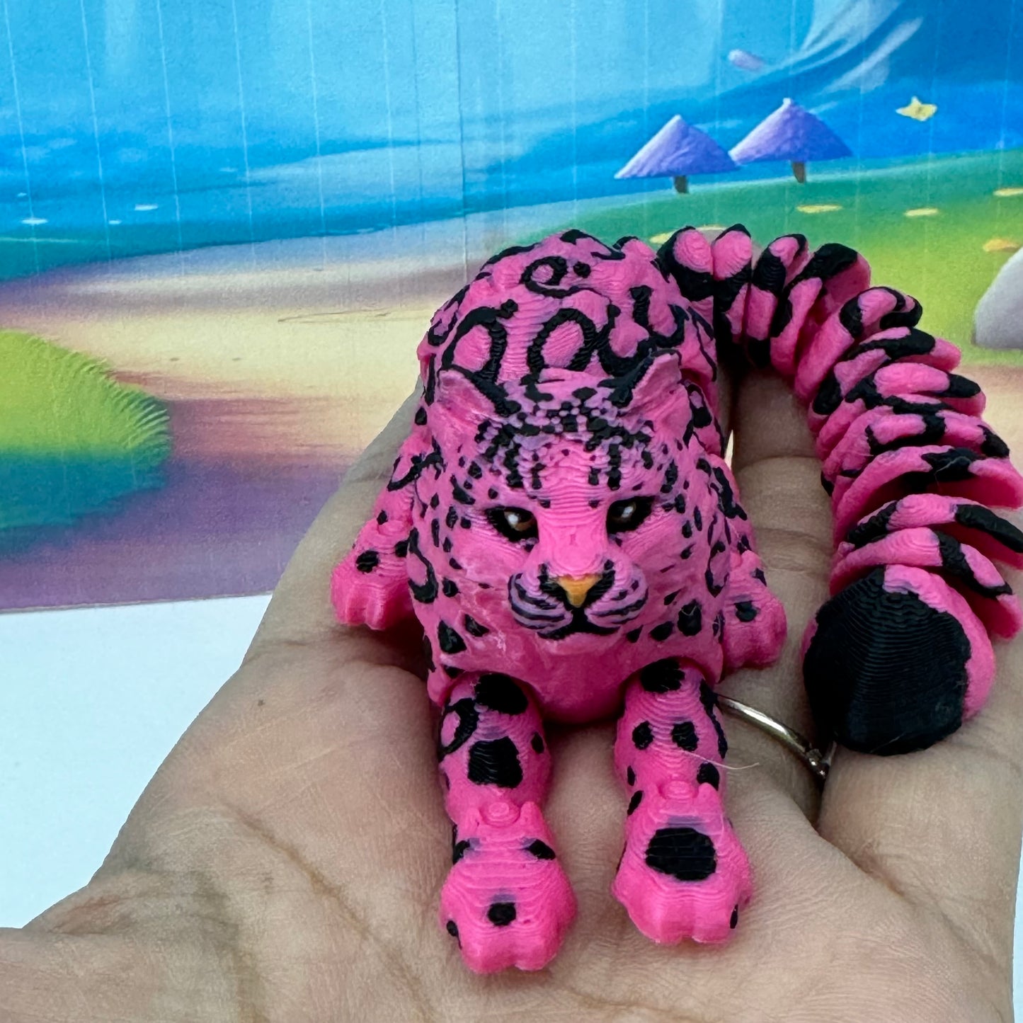 3D Printed Snow Leopard, 6.5" Wild Animal Creature Toy, Articulated Fidget Animal for Home Office Executive Desk Decoration AT001-PINK-S