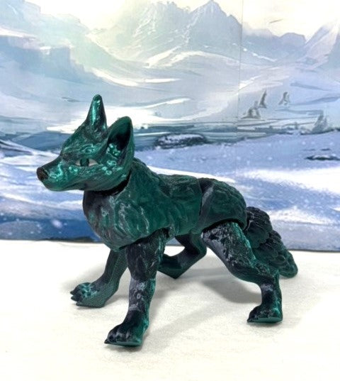 Articulated Wolf Toy, 3D Printed Wolf, 4.75" Black and Green Executive Desk Decor, Fidget Toy