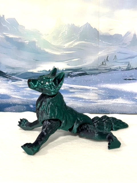 Articulated Wolf Toy, 3D Printed Wolf, 4.75" Black and Green Executive Desk Decor, Fidget Toy