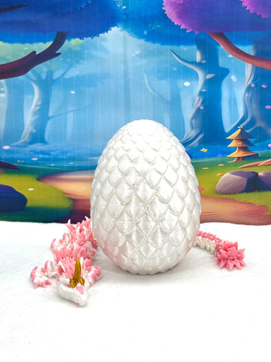 3D Printed Dragon with Egg, Articulated White and Pink Unicorn Dragon, Fidget ADHD Dragon Toy - D051-WE