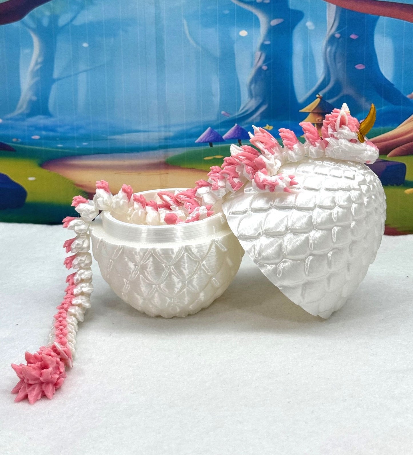 3D Printed Dragon with Egg, Articulated White and Pink Unicorn Dragon, Fidget ADHD Dragon Toy - D051-WE