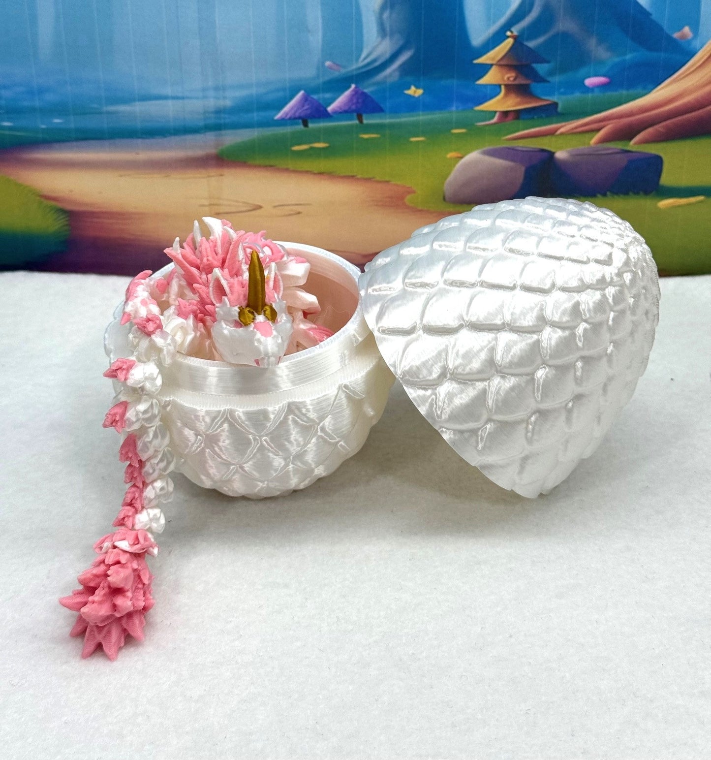 3D Printed Dragon with Egg, Articulated White and Pink Unicorn Dragon, Fidget ADHD Dragon Toy - D051-WE