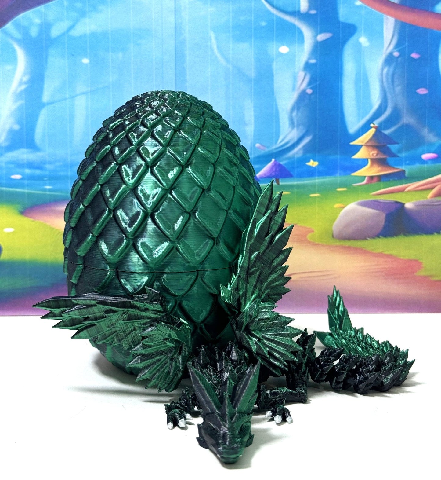 Articulated Black and Green Crystal Winged Dragon, 3D Printed Dragon with Egg, Fidget Dragon Toy - CW013-BG