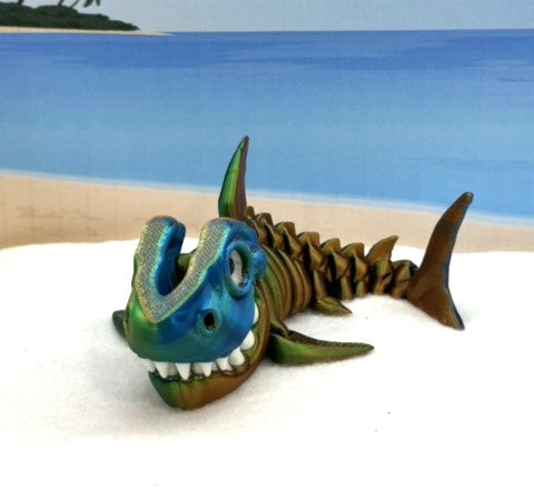 3D Printed Skeleton Shark, 7" Articulated Shark Toy, Tri Color Orange Blue Green Shark Toy, Fidget ADHD Autism Toy