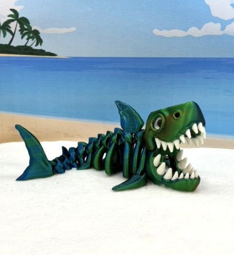 3D Printed Skeleton Shark, 7" Articulated Shark Toy, Tri Color Orange Blue Green Shark Toy, Fidget ADHD Autism Toy