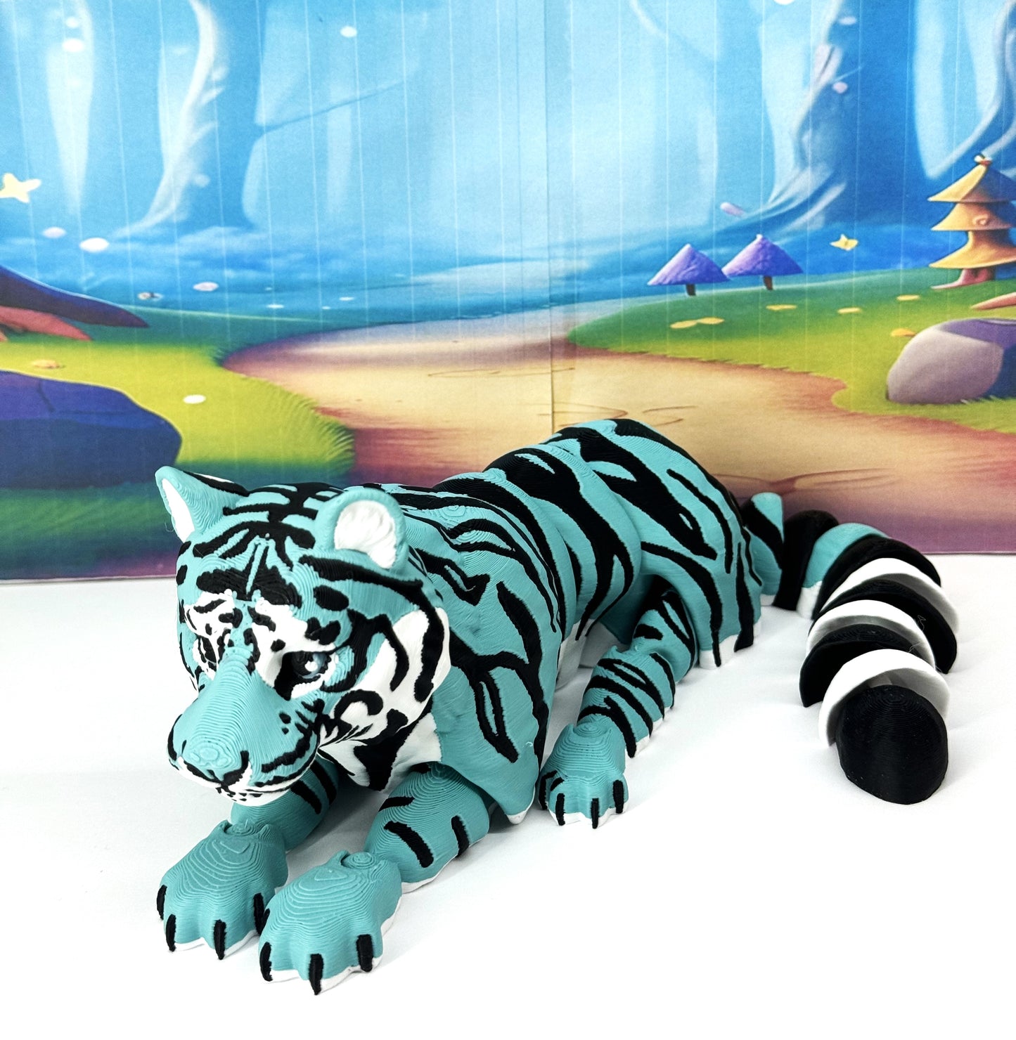 Articulated 3D Printed Tiger Toy, 12" Wild Animal Creature, Articulated Safari Animal for Home Office Executive Desk Decoration AT001-TEAL