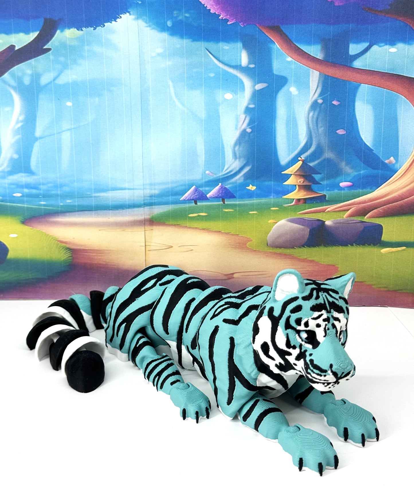 Articulated 3D Printed Tiger Toy, 12" Wild Animal Creature, Articulated Safari Animal for Home Office Executive Desk Decoration AT001-TEAL