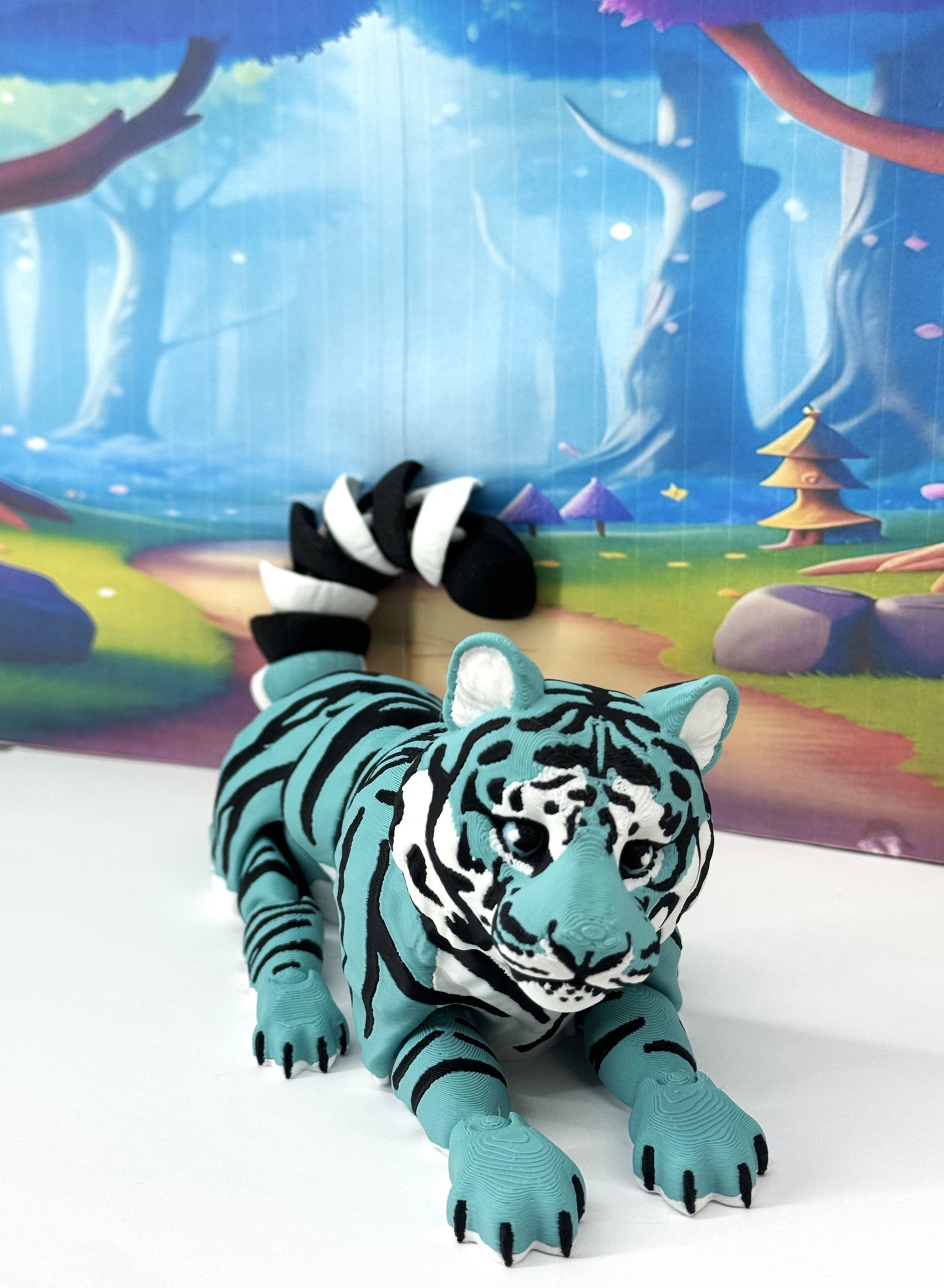 Articulated 3D Printed Tiger Toy, 12" Wild Animal Creature, Articulated Safari Animal for Home Office Executive Desk Decoration AT001-TEAL