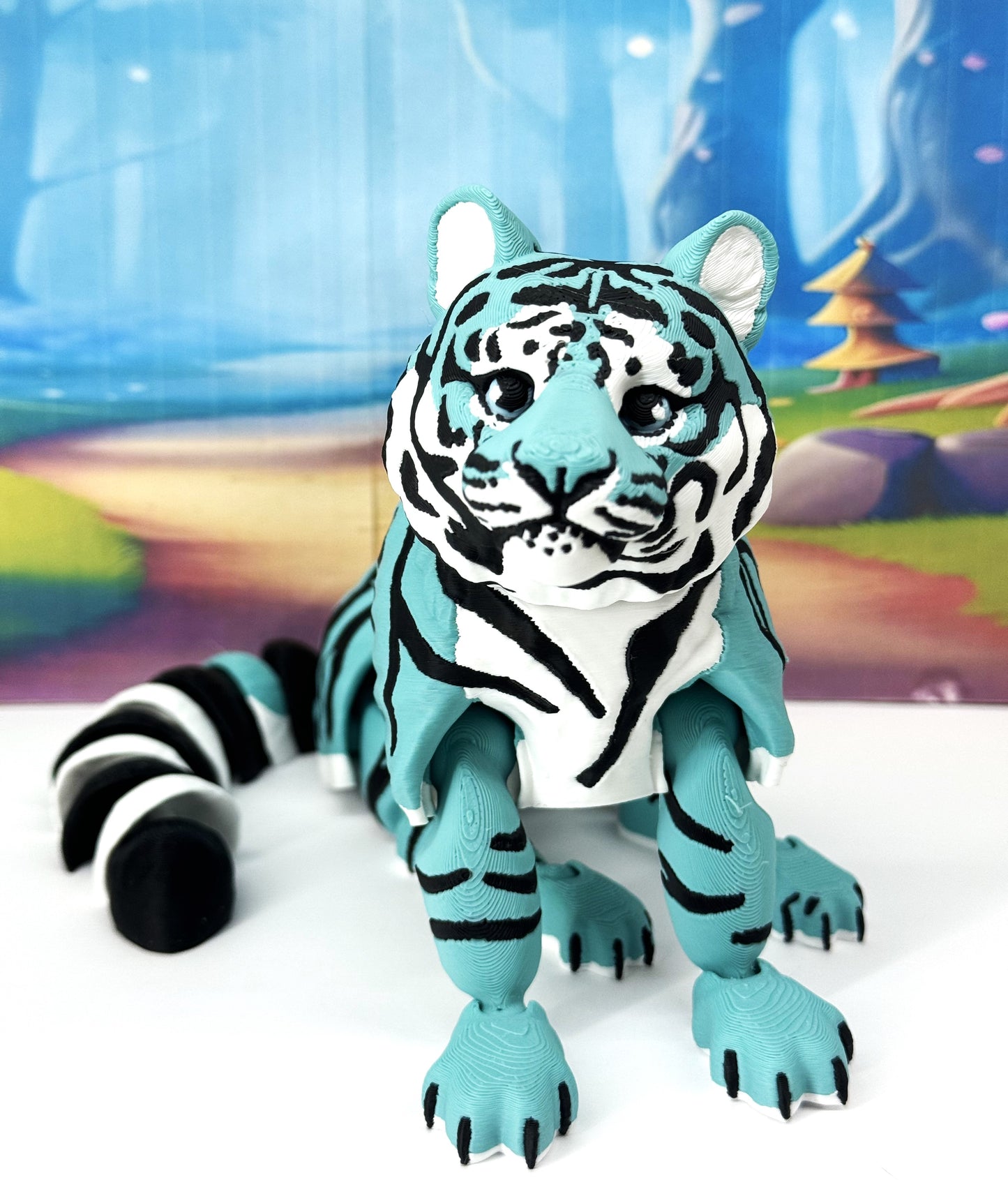 Articulated 3D Printed Tiger Toy, 12" Wild Animal Creature, Articulated Safari Animal for Home Office Executive Desk Decoration AT001-TEAL