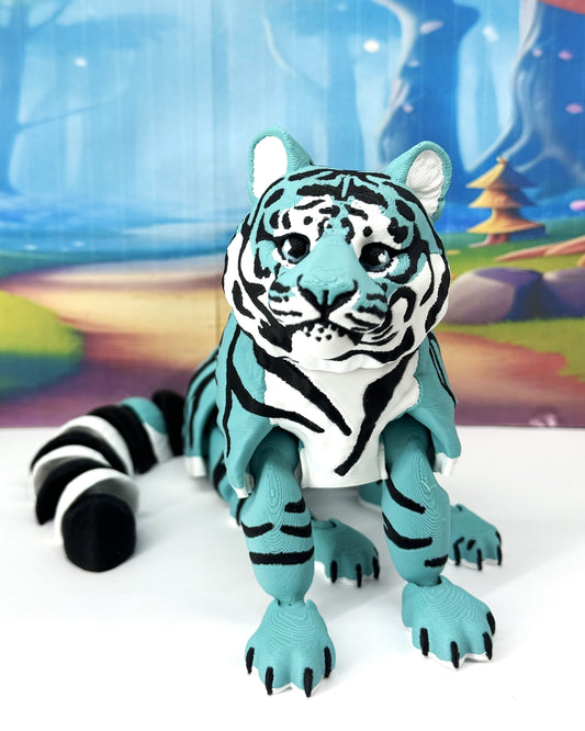 Articulated 3D Printed Tiger Toy, 12" Wild Animal Creature, Articulated Safari Animal for Home Office Executive Desk Decoration AT001-TEAL