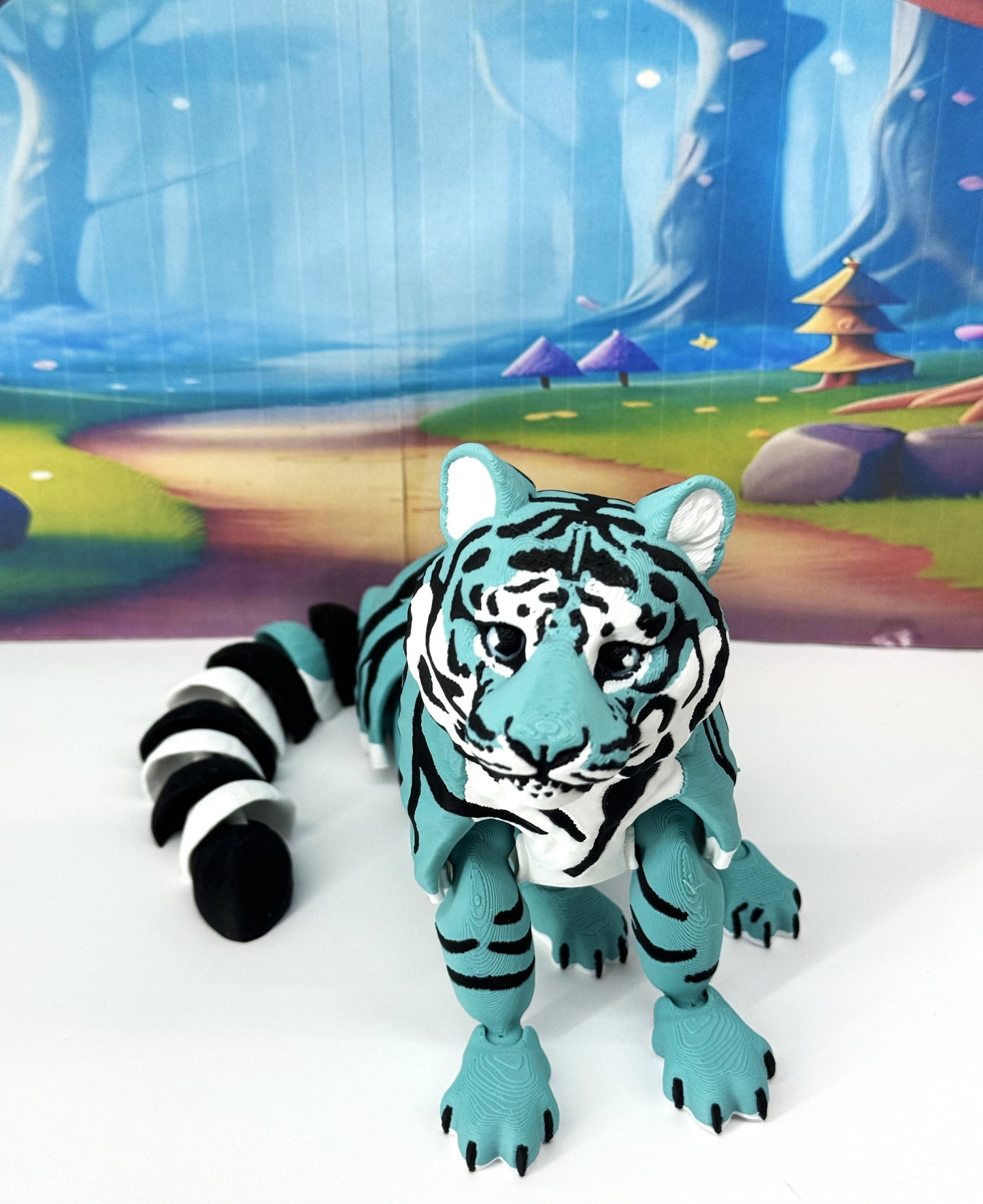 Articulated 3D Printed Tiger Toy, 12" Wild Animal Creature, Articulated Safari Animal for Home Office Executive Desk Decoration AT001-TEAL