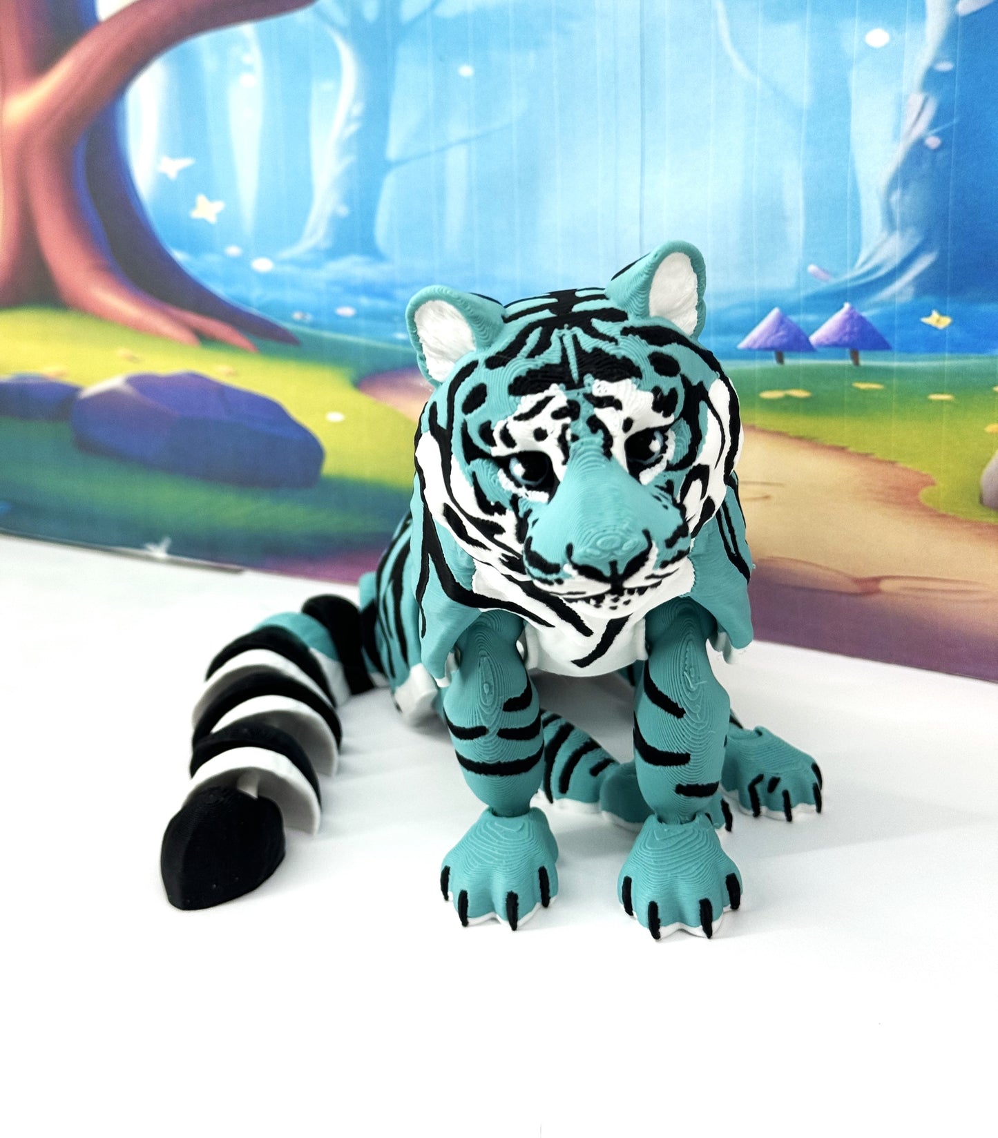 Articulated 3D Printed Tiger Toy, 12" Wild Animal Creature, Articulated Safari Animal for Home Office Executive Desk Decoration AT001-TEAL