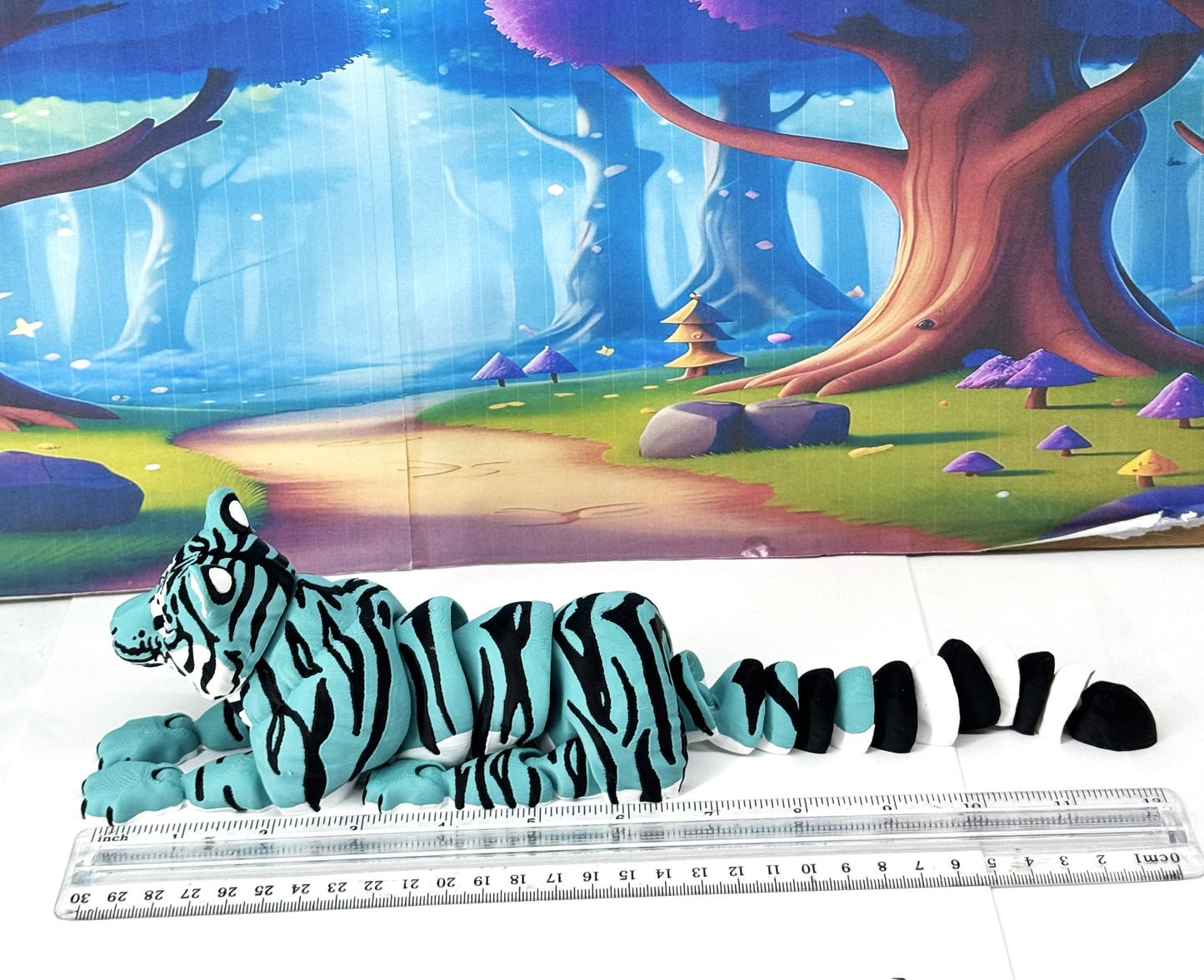 Articulated 3D Printed Tiger Toy, 12" Wild Animal Creature, Articulated Safari Animal for Home Office Executive Desk Decoration AT001-TEAL