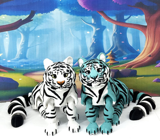 2pcs Articulated 3D Printed Tigers Toy, 12" Wild Animal Creature, Articulated Safari Animal for Home Office Executive Desk Decoration AT001-WHITE-TEAL