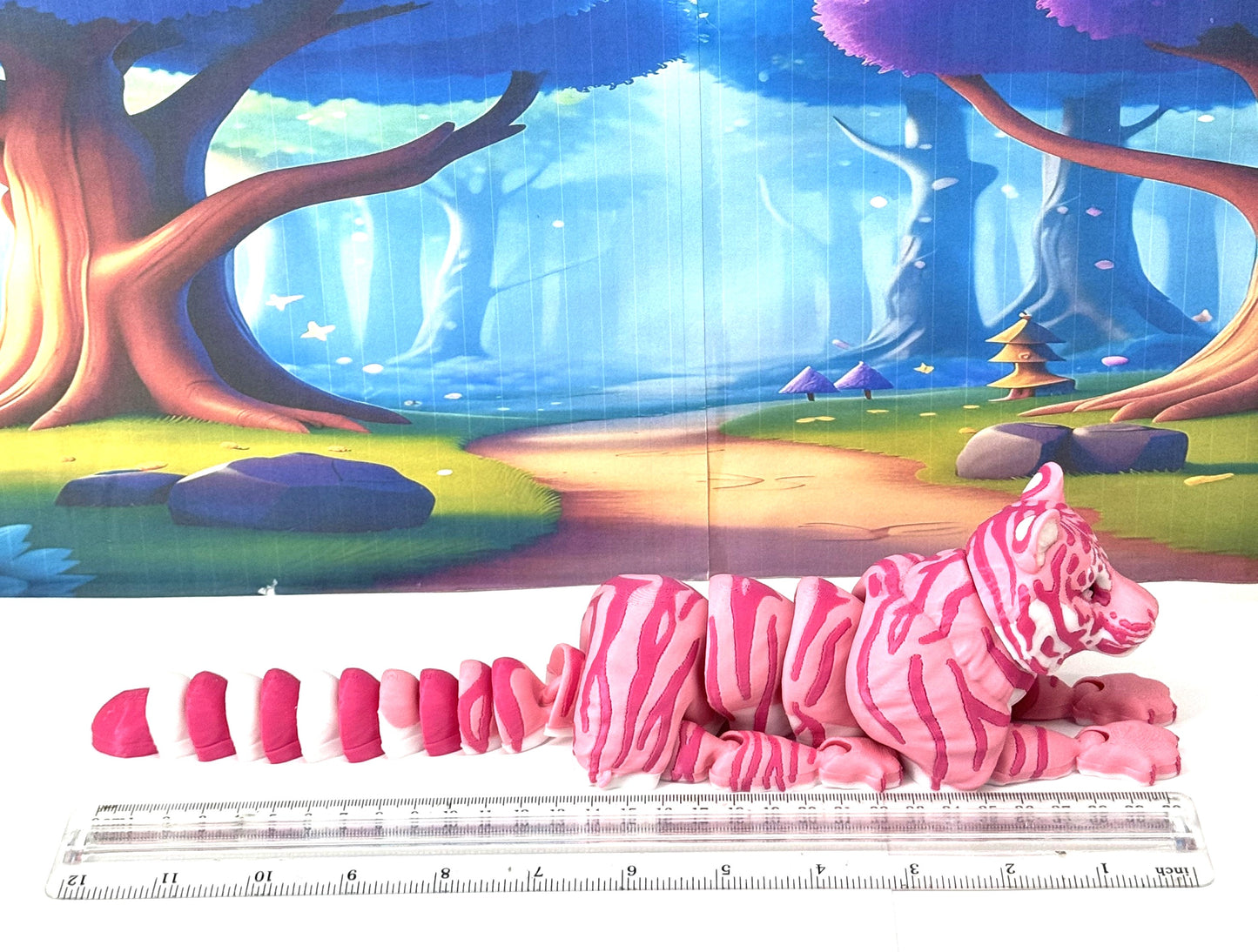 2pcs Articulated 3D Printed Tigers Toy, 12" Wild Animal Creature, Articulated Safari Animal for Home Office Executive Desk Decoration AT001-WHITE-PINK