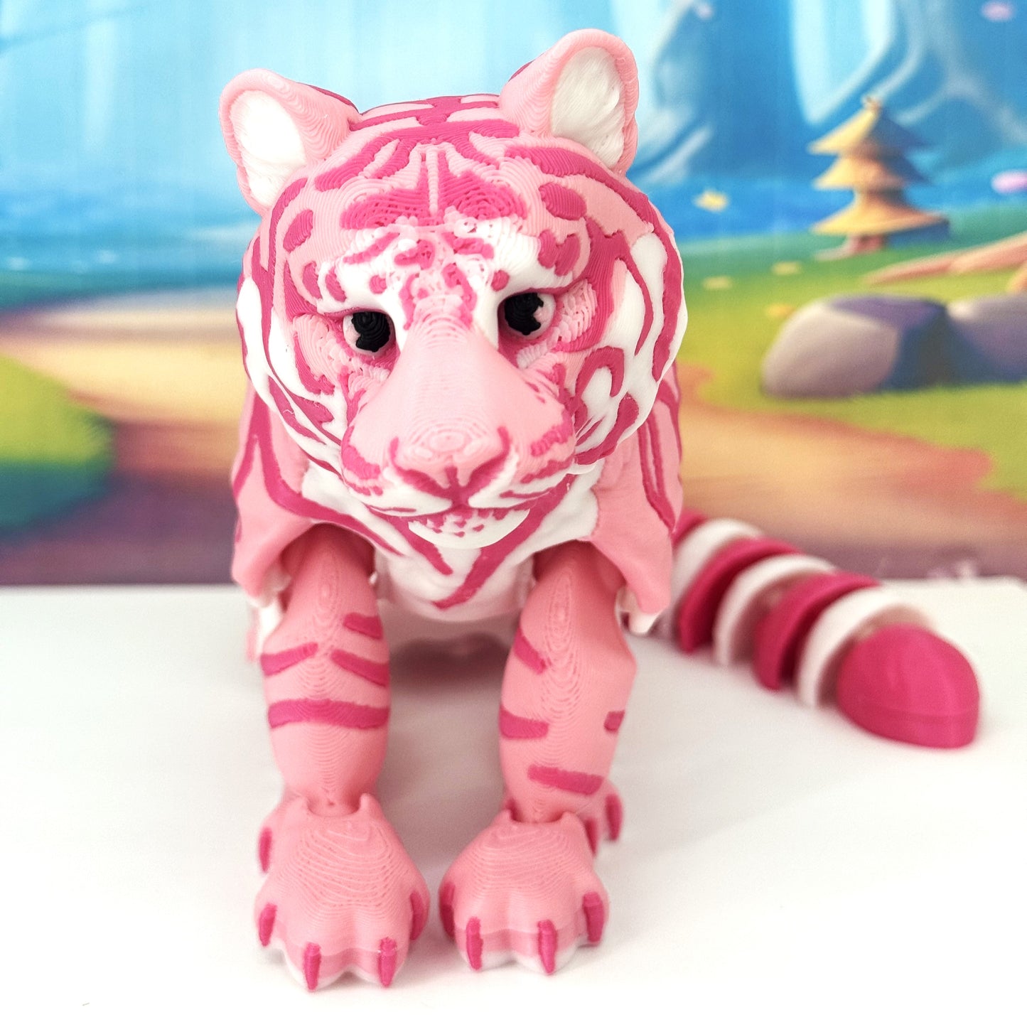 2pcs Articulated 3D Printed Tigers Toy, 12" Wild Animal Creature, Articulated Safari Animal for Home Office Executive Desk Decoration AT001-WHITE-PINK