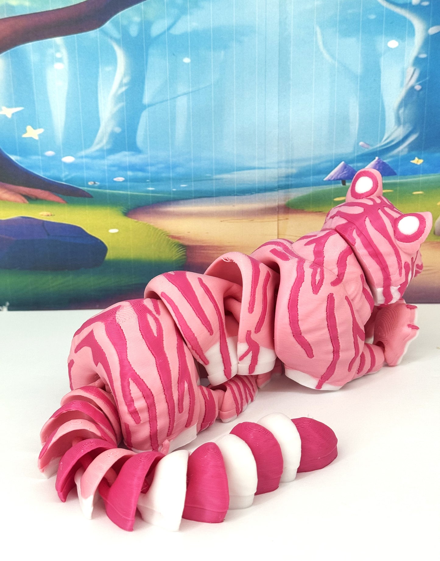 2pcs Articulated 3D Printed Tigers Toy, 12" Wild Animal Creature, Articulated Safari Animal for Home Office Executive Desk Decoration AT001-WHITE-PINK