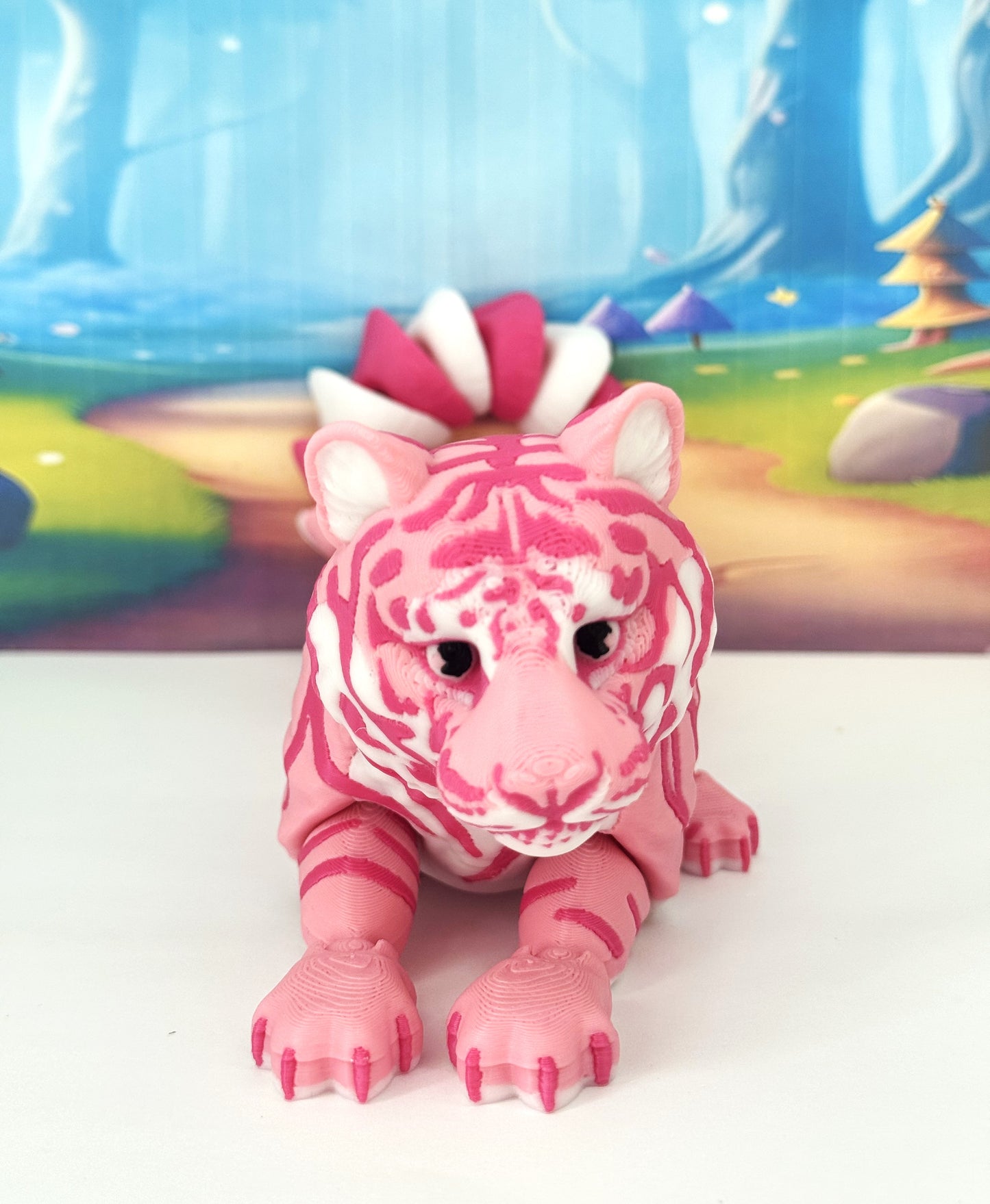 2pcs Articulated 3D Printed Tigers Toy, 12" Wild Animal Creature, Articulated Safari Animal for Home Office Executive Desk Decoration AT001-WHITE-PINK