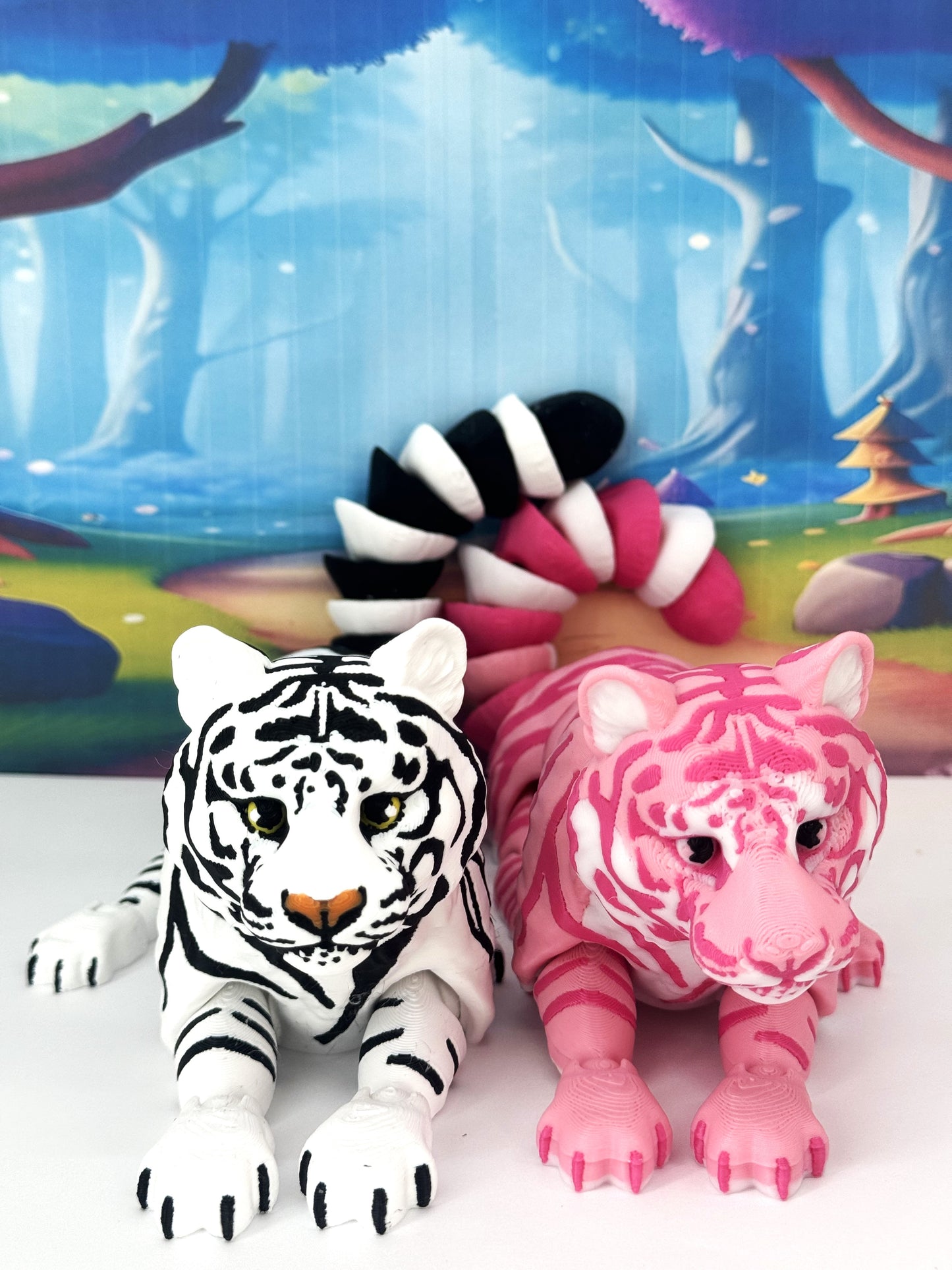 2pcs Articulated 3D Printed Tigers Toy, 12" Wild Animal Creature, Articulated Safari Animal for Home Office Executive Desk Decoration AT001-WHITE-PINK