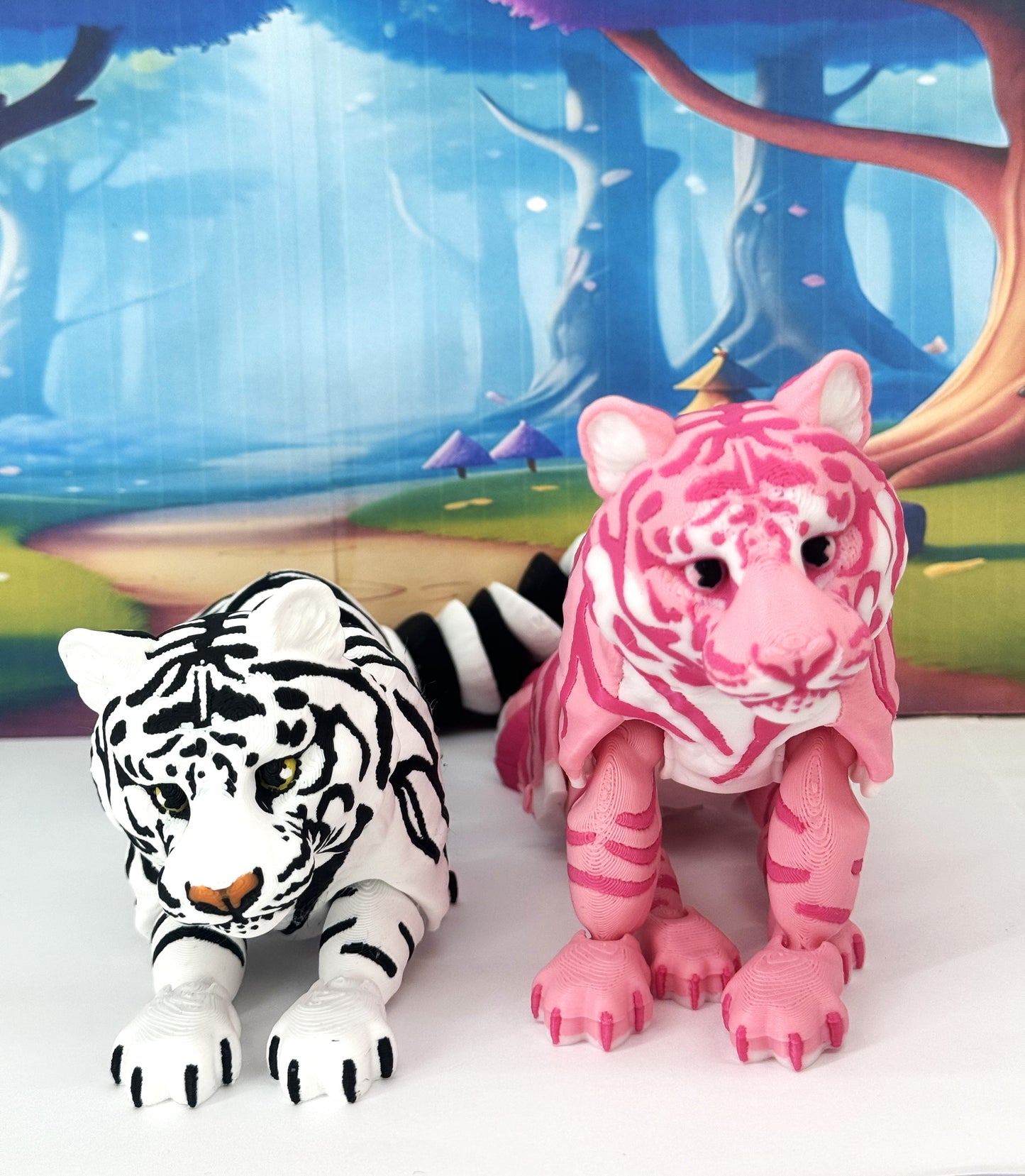 2pcs Articulated 3D Printed Tigers Toy, 12" Wild Animal Creature, Articulated Safari Animal for Home Office Executive Desk Decoration AT001-WHITE-PINK