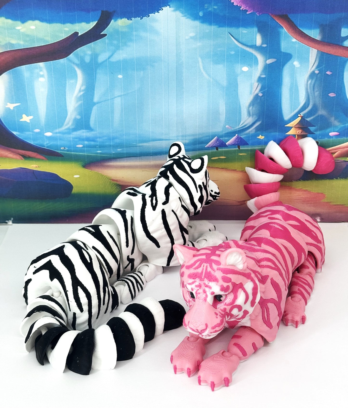 2pcs Articulated 3D Printed Tigers Toy, 12" Wild Animal Creature, Articulated Safari Animal for Home Office Executive Desk Decoration AT001-WHITE-PINK
